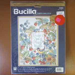 NWT Bucilla Stamped Cross Stitch Sampler Kit, Make a Nest #42083, Birds/Berries